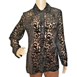 Joseph Ribkoff Womens 6 Black Velvet Burn Out Long Sleeve Blouse Collared    T39